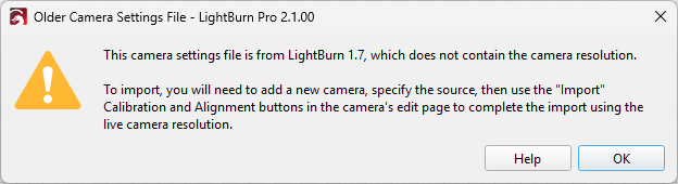 Older Camera Settings File Warning