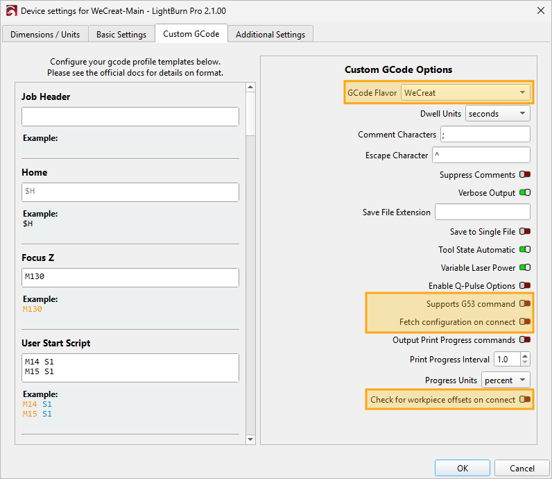 Screenshot of WeCreat settings