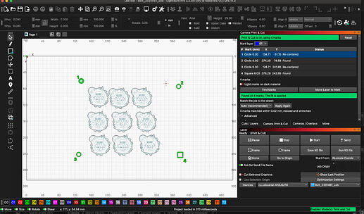 Screenshot of a sheet of several designs with numbered rings. This screenshot shows the rings in green after the fit is applied.