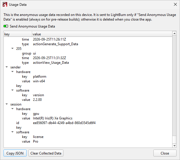 Screenshot of the Usage Data window, allowing users to manage anonymous usage data