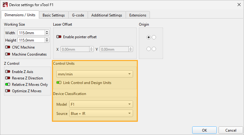 Screenshot showing the relevant Device Settings for xTool devices in LightBurn's Device Settings window.