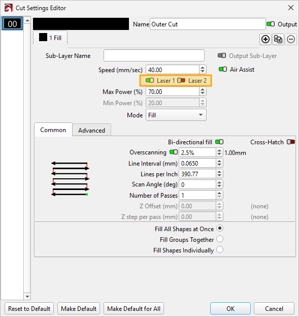 Location of the laser source toggle in LightBurn's Cut Settings Editor