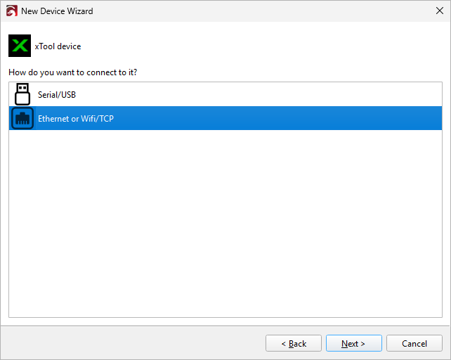 Screenshot showing the connection type page of LightBurn's New Device Wizard