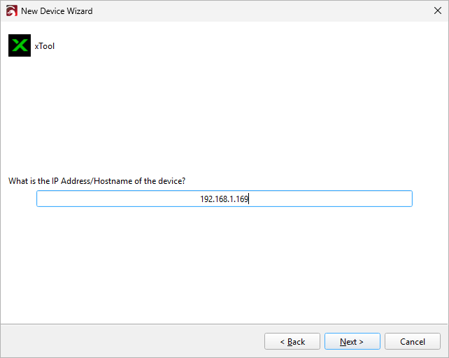 Screenshot showing the IP address page of LightBurn's New Device Wizard