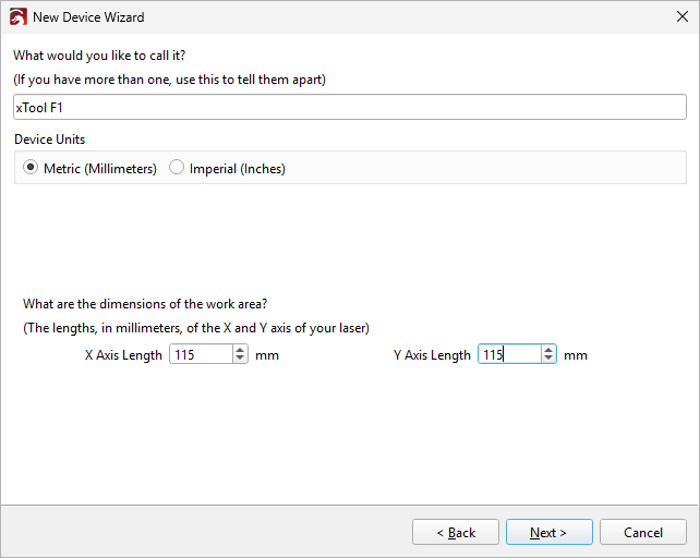 Screenshot showing where to set the device name and size in LightBurn's New Device Wizard
