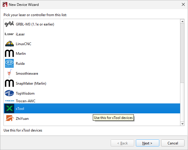 Screenshot showing the device type page of LightBurn's New Device Wizard