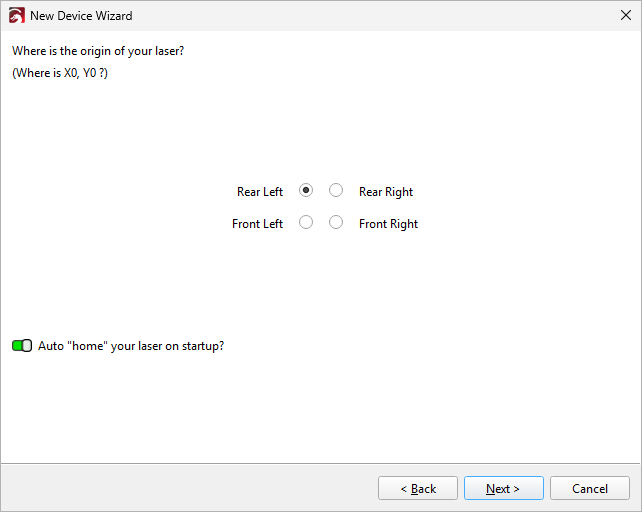 Screenshot showing where to set the device origin in LightBurn's New Device Wizard