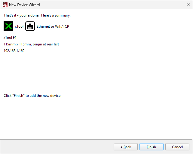 Screenshot showing the device summary in LightBurn's New Device Wizard