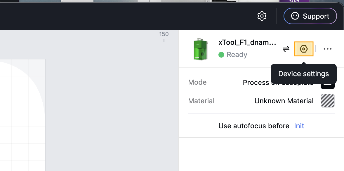 Screenshot showing the location of the device settings icon in xTool Studio