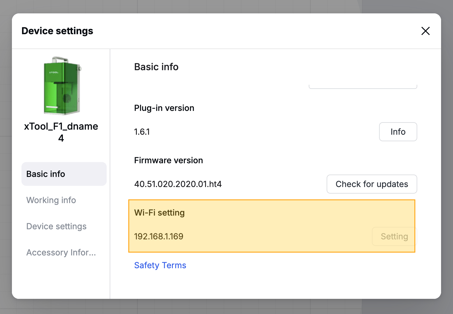 Screenshot showing the IP address of an xTool F1 in xTool Studio