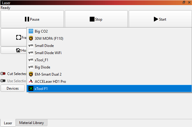 Screenshot showing the device dropdown in LightBurn's Laser Window