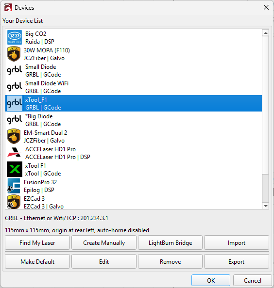 Screenshot showing the xTool F1 installed using the old GRBL configuration and the new xTool device type