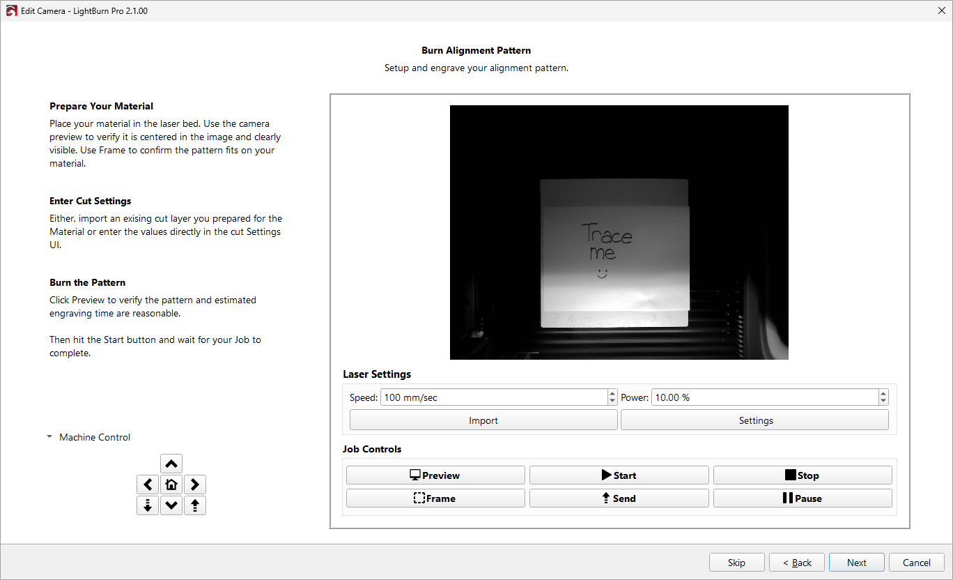 Screenshot of Burn Alignment Pattern screen