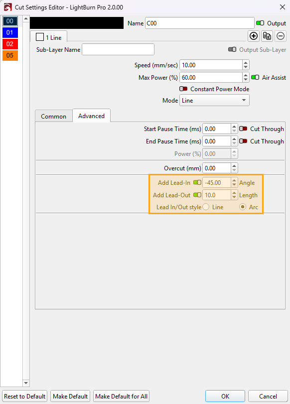 Screenshot of the Cut Settings Editor with the Lead-In/Out controls highlighted