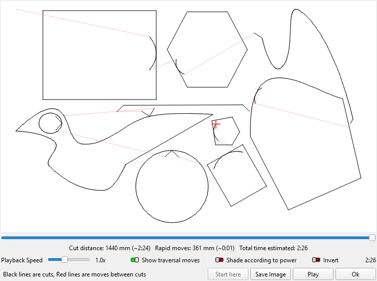 Screenshot of multiple shapes with different Lead-In and Lead-Outs