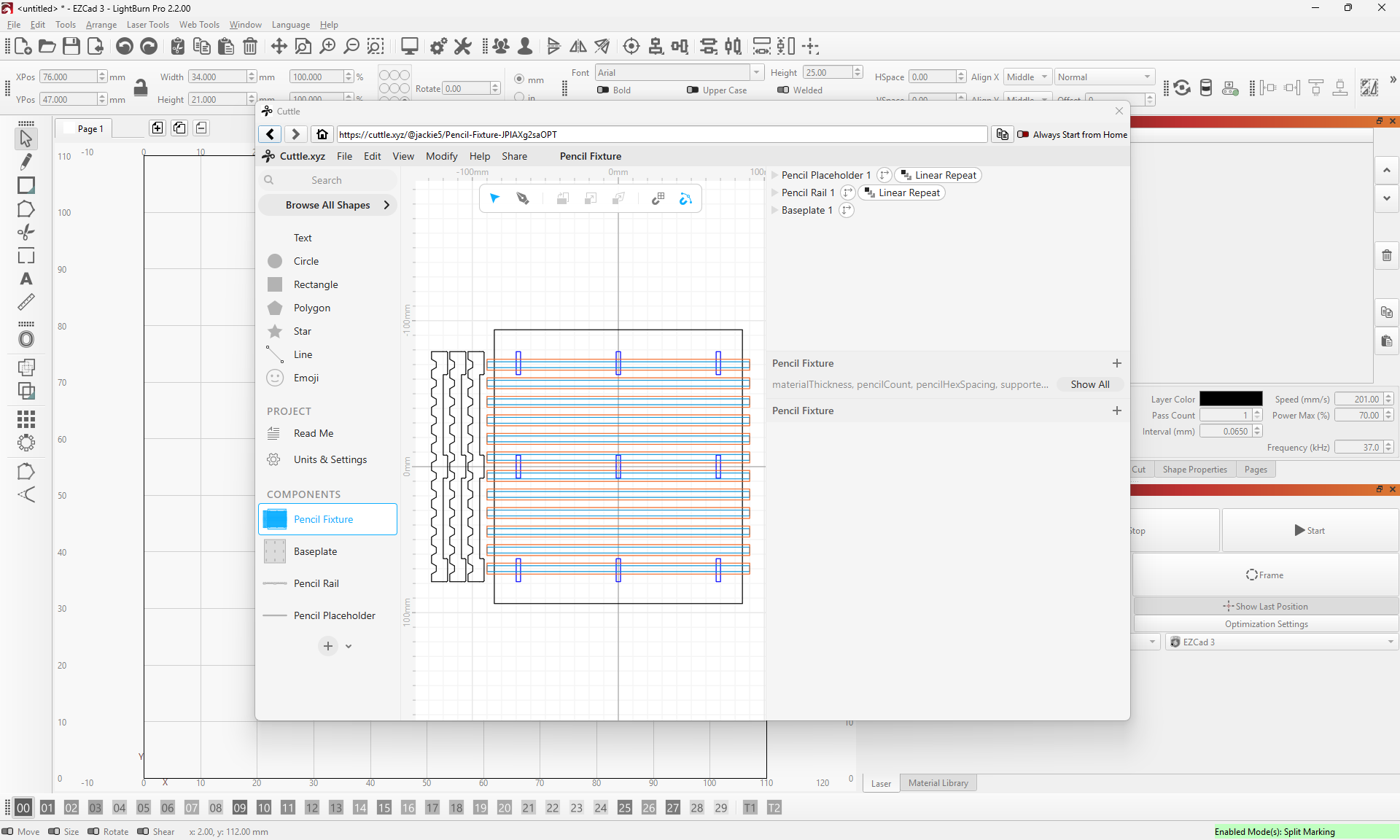 Screenshot of a Cuttle project open in LightBurn through Web Tools