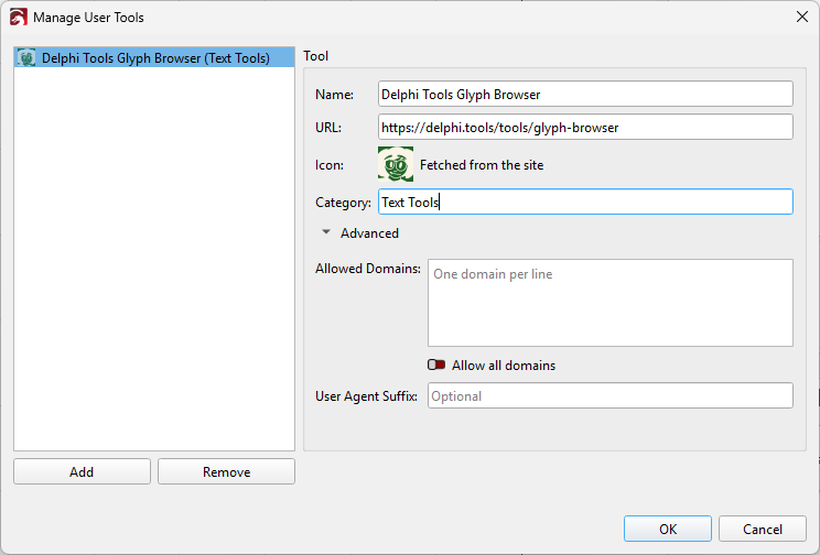 Screenshot showing the Manage User Tools dialog
