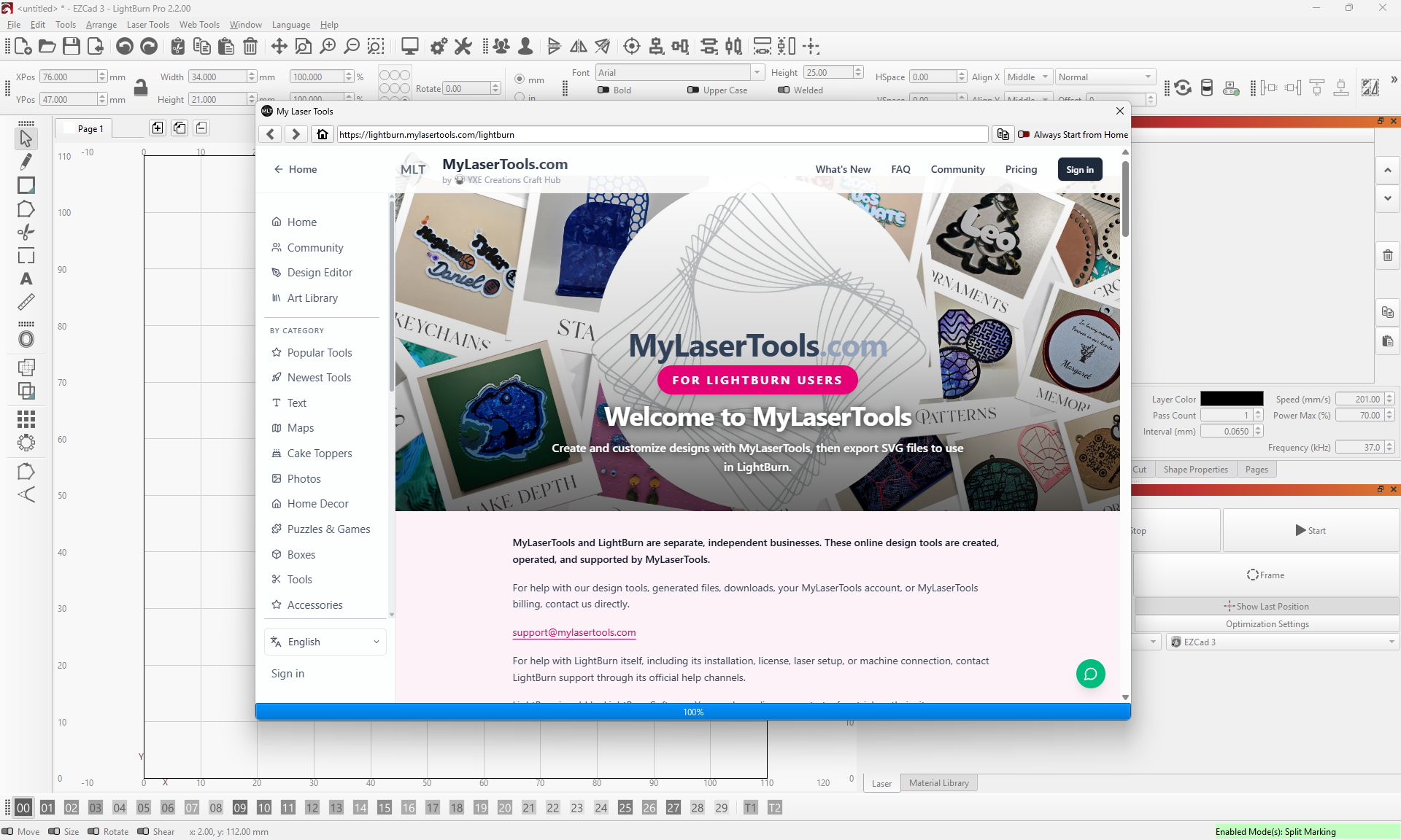 Screenshot of the My Laser Tools homepage open in LightBurn through Web Tools