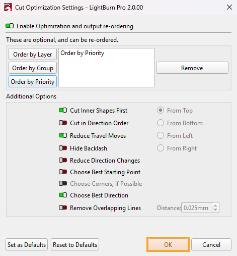 Screenshot of the Cut Optimization Settings window with the OK button highlighted