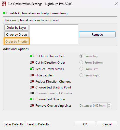 Screenshot of the Cut Optimization Settings window with Order by Priority highlighted