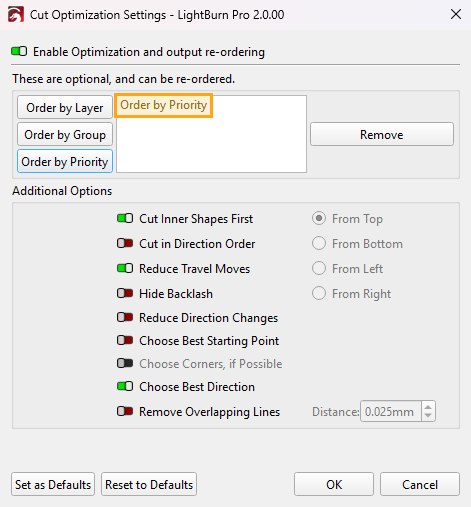 Screenshot of the Cut Optimization Settings window with Order by Priority highlighted