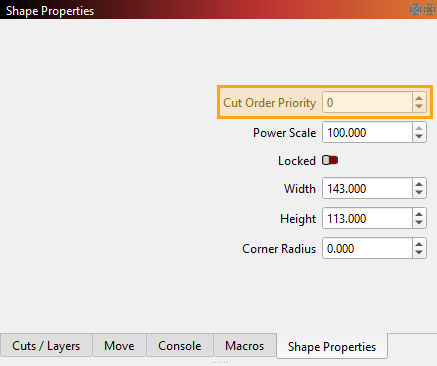 Screenshot of the Shape Properties window with Cut Order Priority highlighted