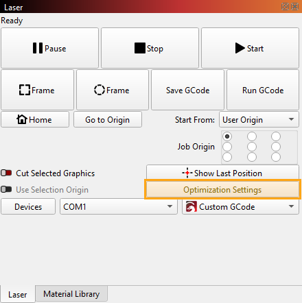 Screenshot of the Laser window with the Optimization Settings button highlighted