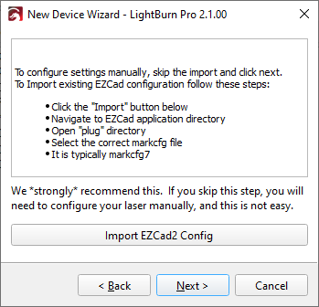 Import EZCAD configuration file