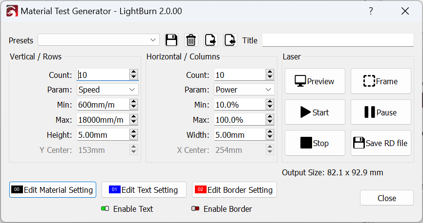 Material Test Generator window