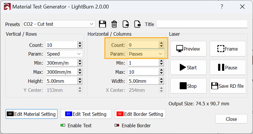 Updated testing parameters