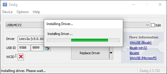 Zadig installing progress bar