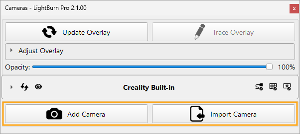 Screenshot of buttons in the Cameras Window