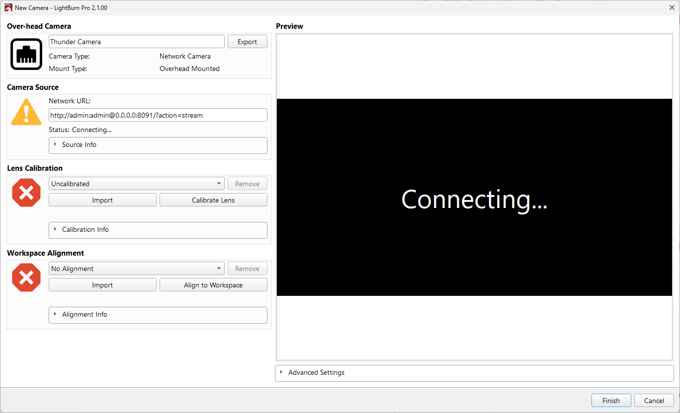 Edit Camera Window after loading a Camera Preset