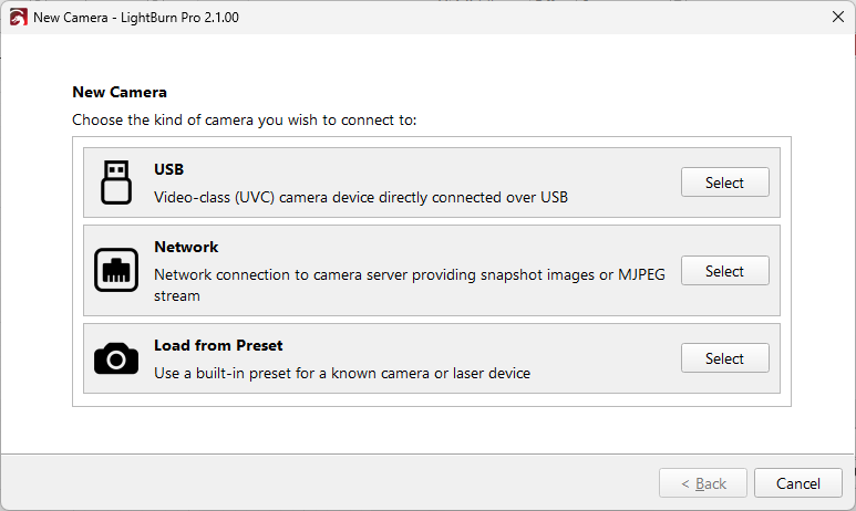 Screenshot of selecting camera type