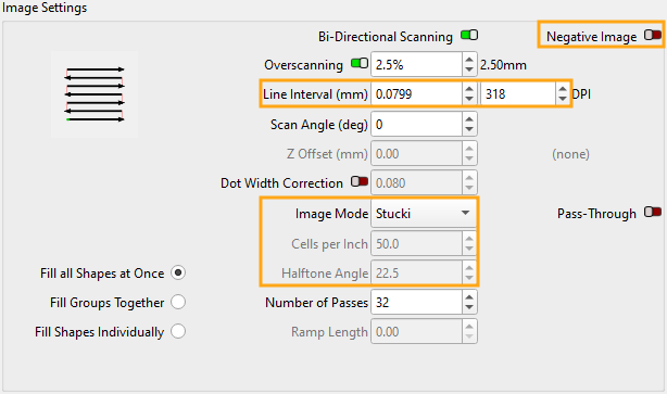 Corresponding settings in the Cut Settings Editor