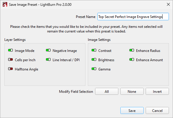 Save image preset window