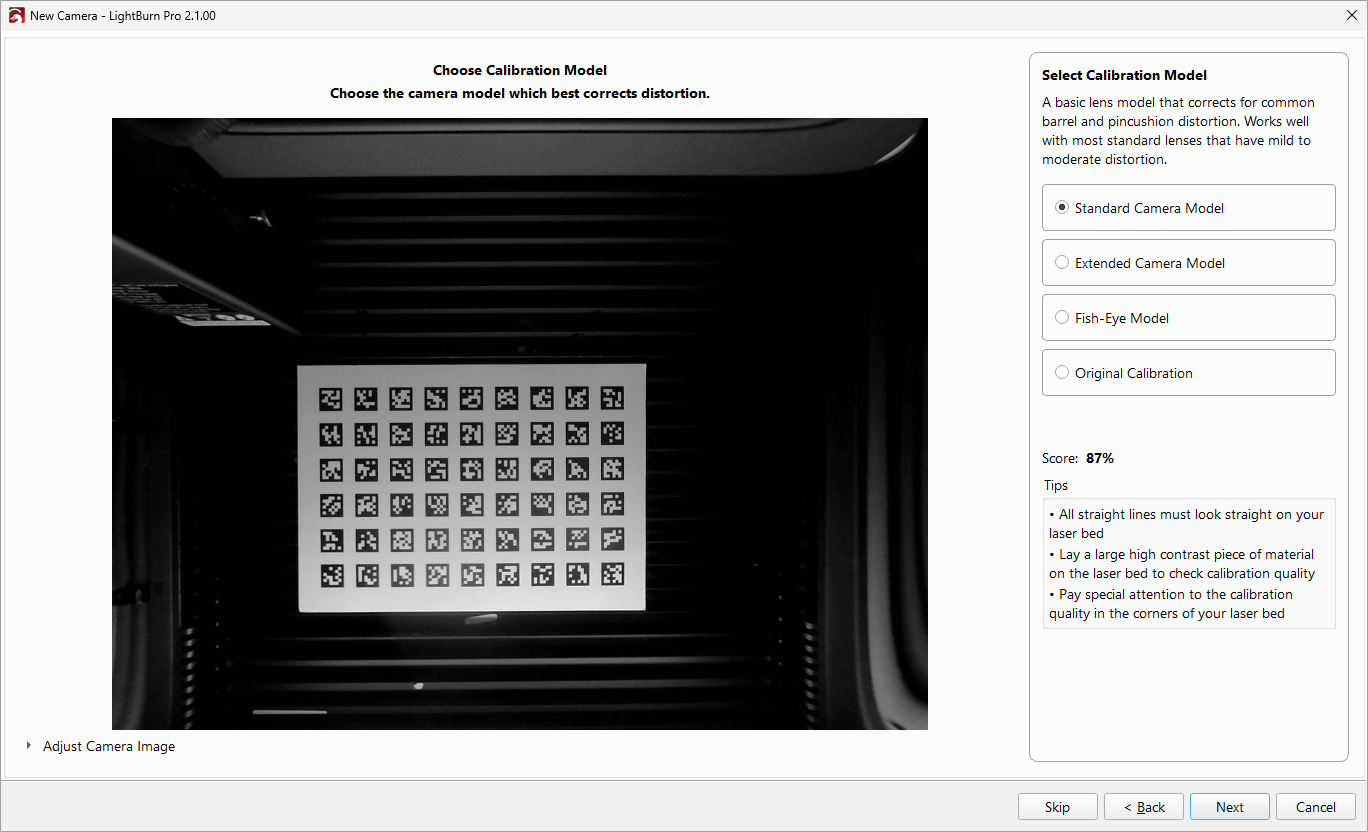 Screenshot of choosing the calibration model