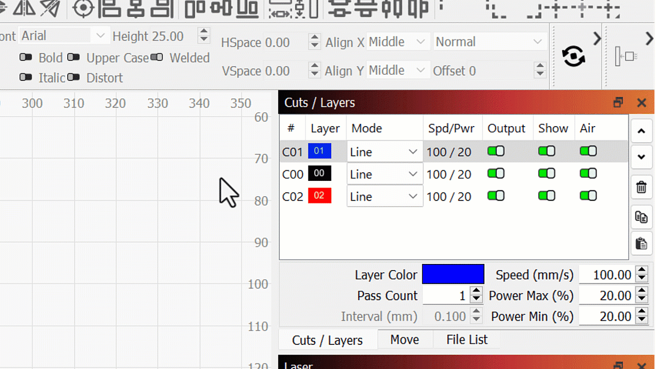 Setting layer mode in Cuts/Layers window