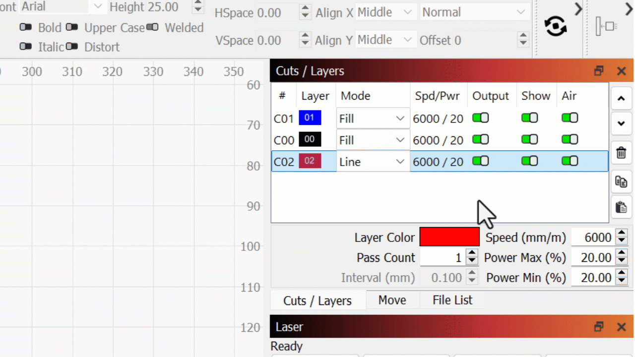 Adjusting cut settings through Cuts / Layers Window