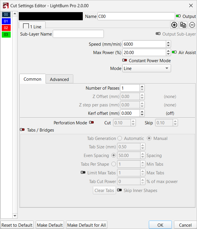 Cut Settings Editor — GCode — Line Mode