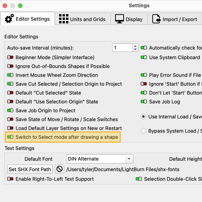 Switch to Select mode after drawing a shape switch in the Settings window