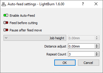 Auto-feed settings window for Ruida controllers