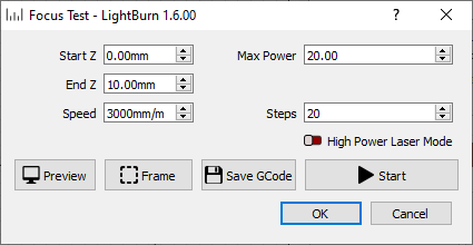 The Focus Test setup window for GCode lasers