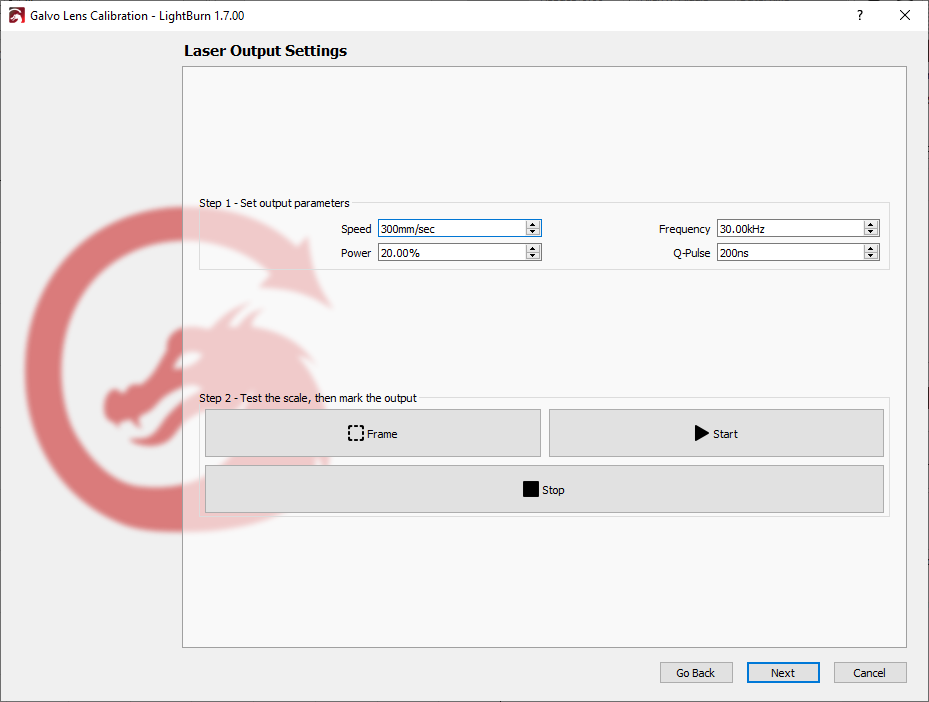Galvo Lens Calibration Laser Output Settings
