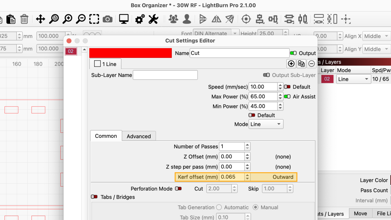 The location of the Kerf Offset option in the Cut Settings Editor