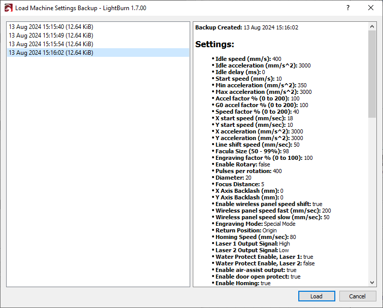 Machine Settings — load from backup window