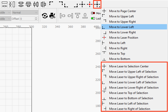 Move Laser to Selection in the Arrange (long) Toolbar