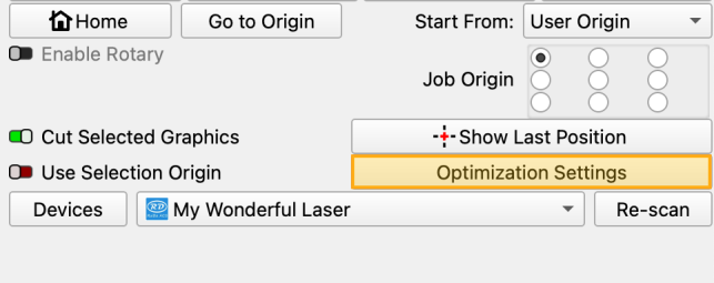 Optimization Settings controls in the Laser Window