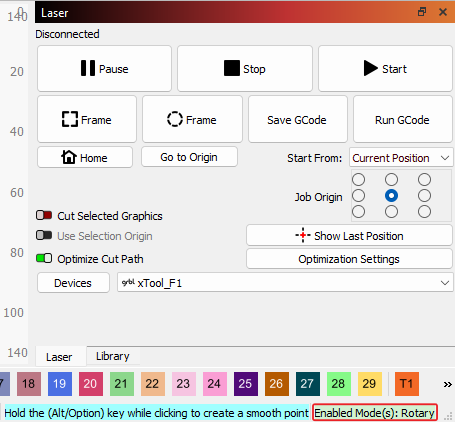 Image of status bar Modes indicator outlined in red