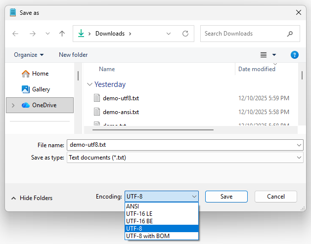 Selecting text encoding in Notepad